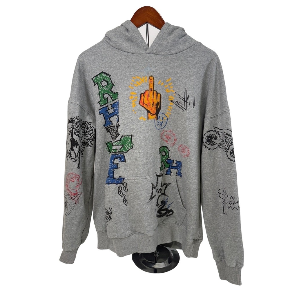 RHUDE Graphic Graffiti Print Hoodie Men's XL Streetwear Doodle Made in USA Grey